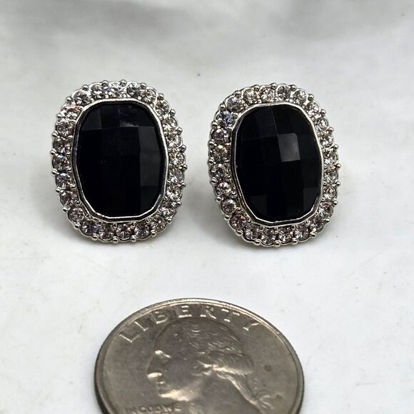 "5/$25" Black Faceted Silvertone Rhinestone Stud Earrings - Picture 2 of 6